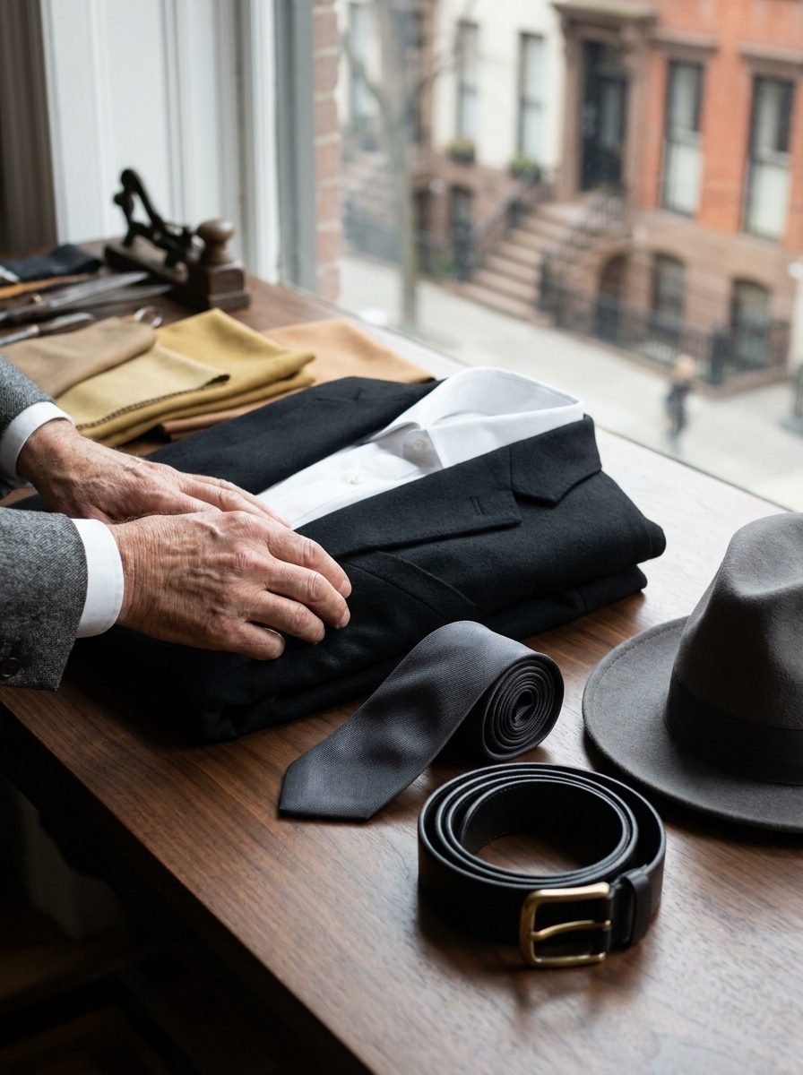 A stylist arranging a curated selection of menswear